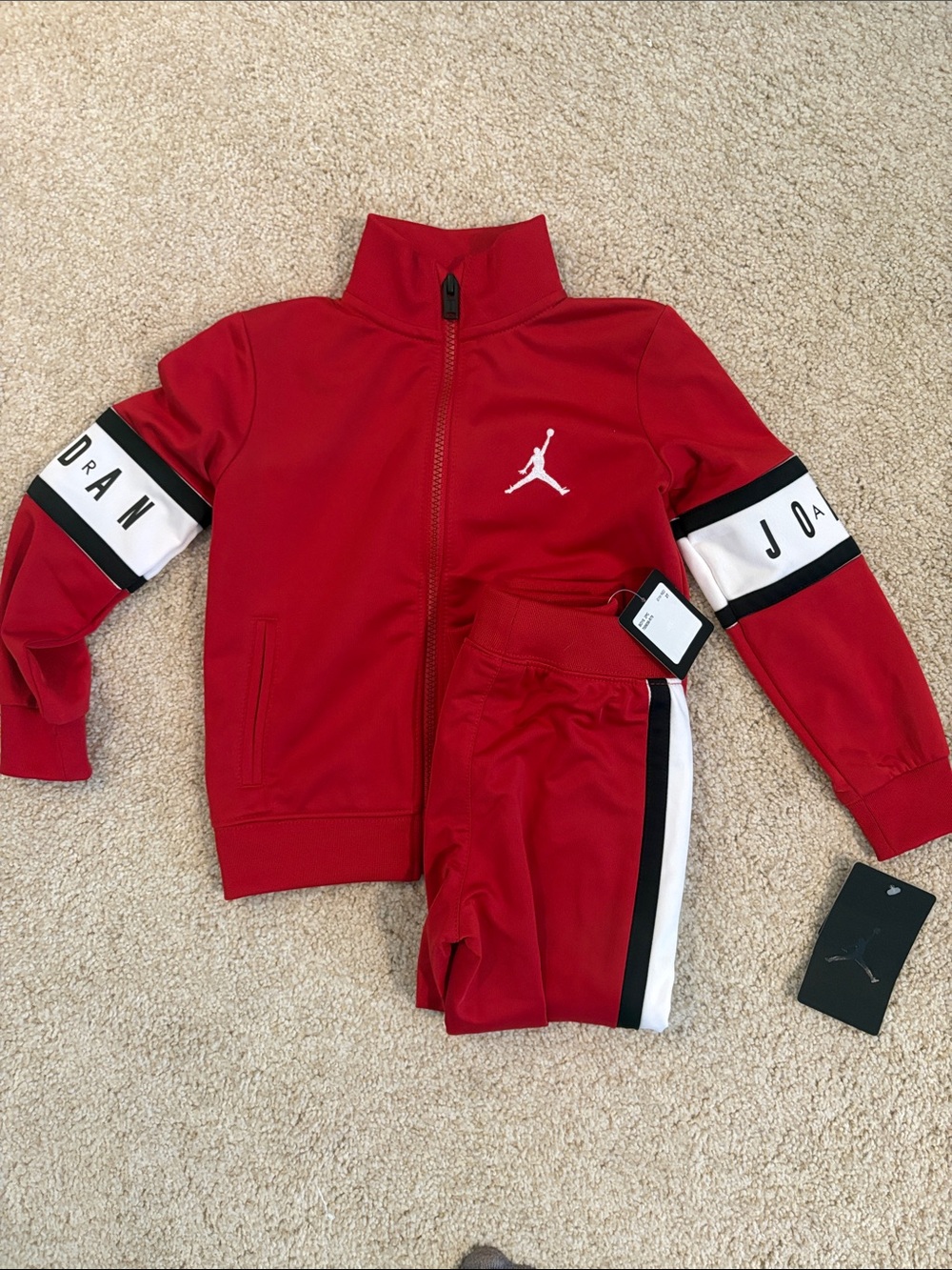 Jordan Kids Red Track Jacket and Jogger Set with Black & White Stripes
